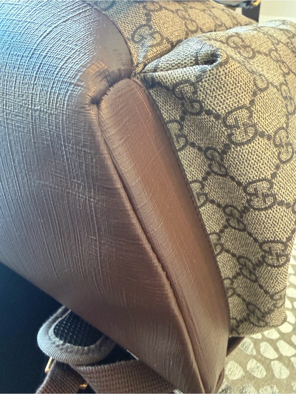 Gucci GG Supreme Coated Canvas Backpack with Red & Green Stripe and Brown Trim - Picture 9 of 16